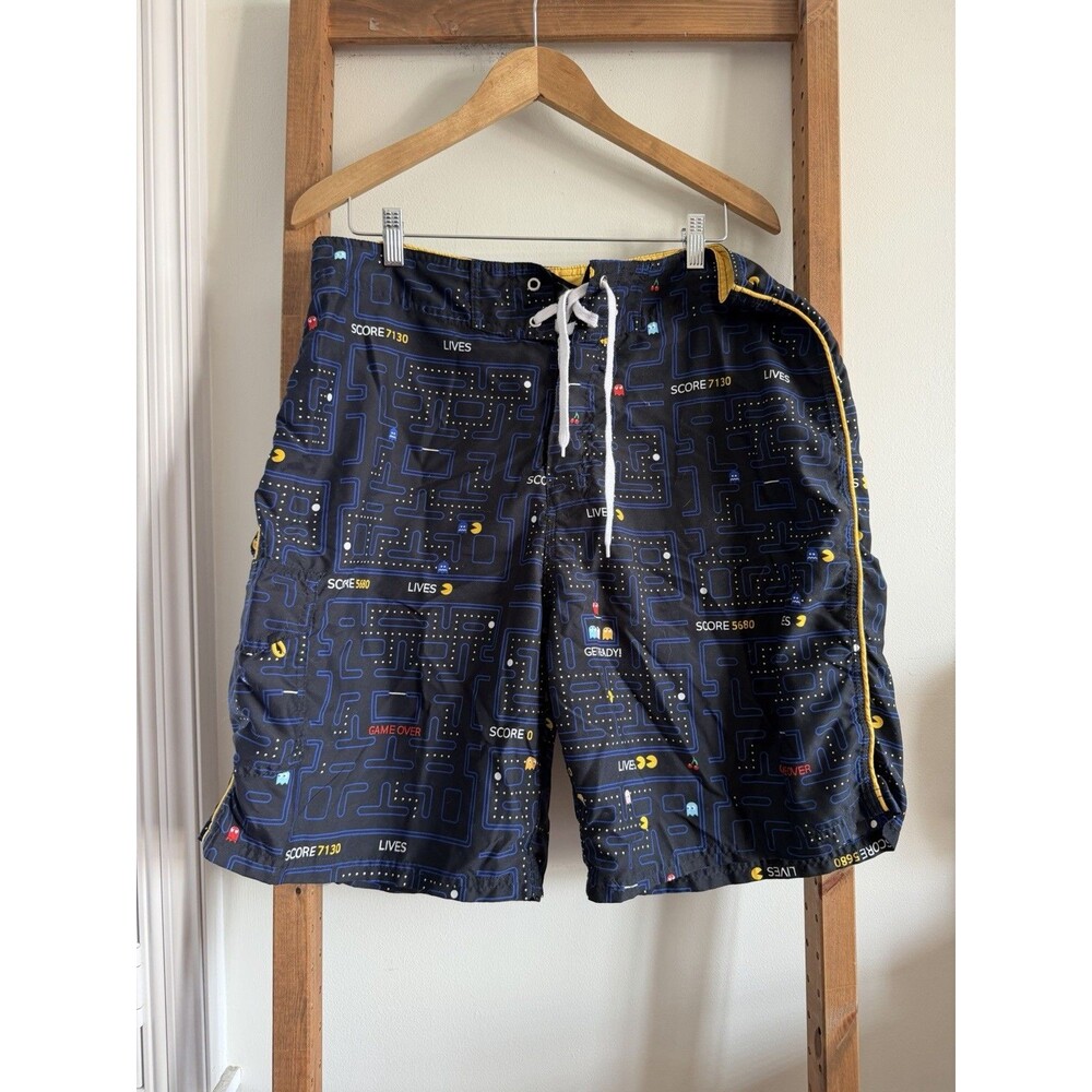 VTG Giant Pacman Arcade Game Swim Trunks Board Shorts Size 36 Men Atari AOP 90s